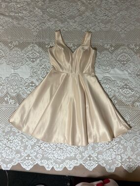 Elegant Champagne Satin Fit-and-Flare Mini Dress